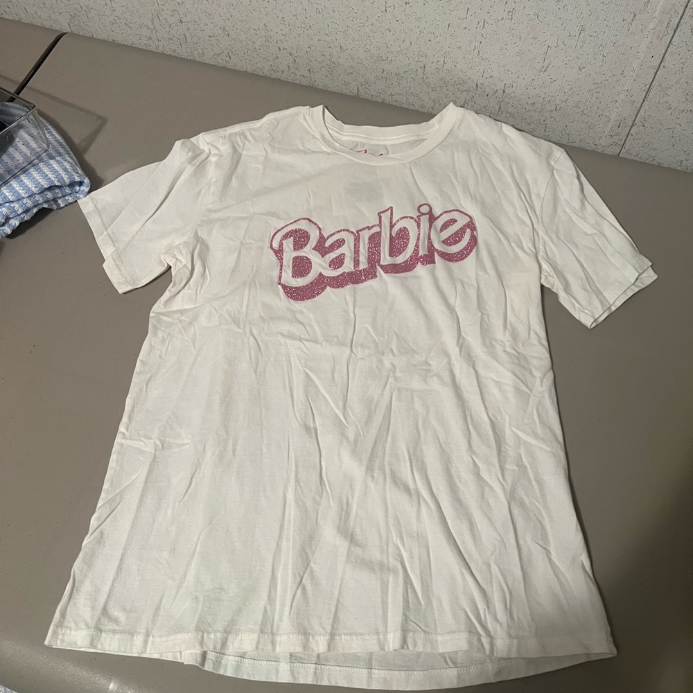 Barbie White Tee with Glittery Pink Logo